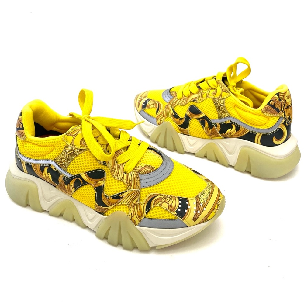 Versace Squalo Barocco Print Yellow Black Leather Mesh Low Top Trainers
